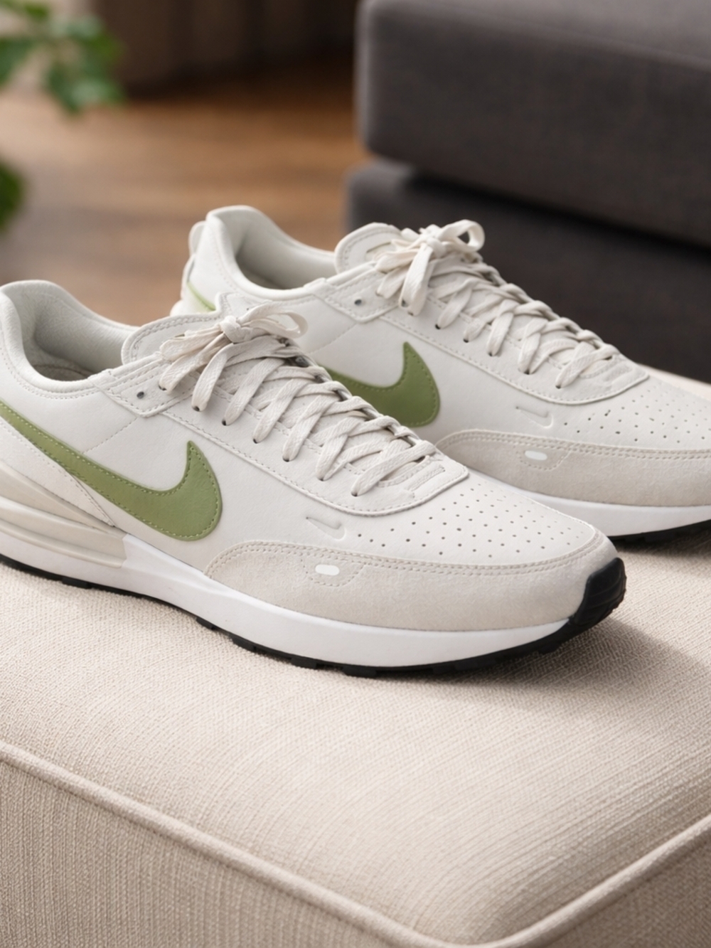 Nike Men's Waffle One Leather In Light Orewood with Green Swoosh